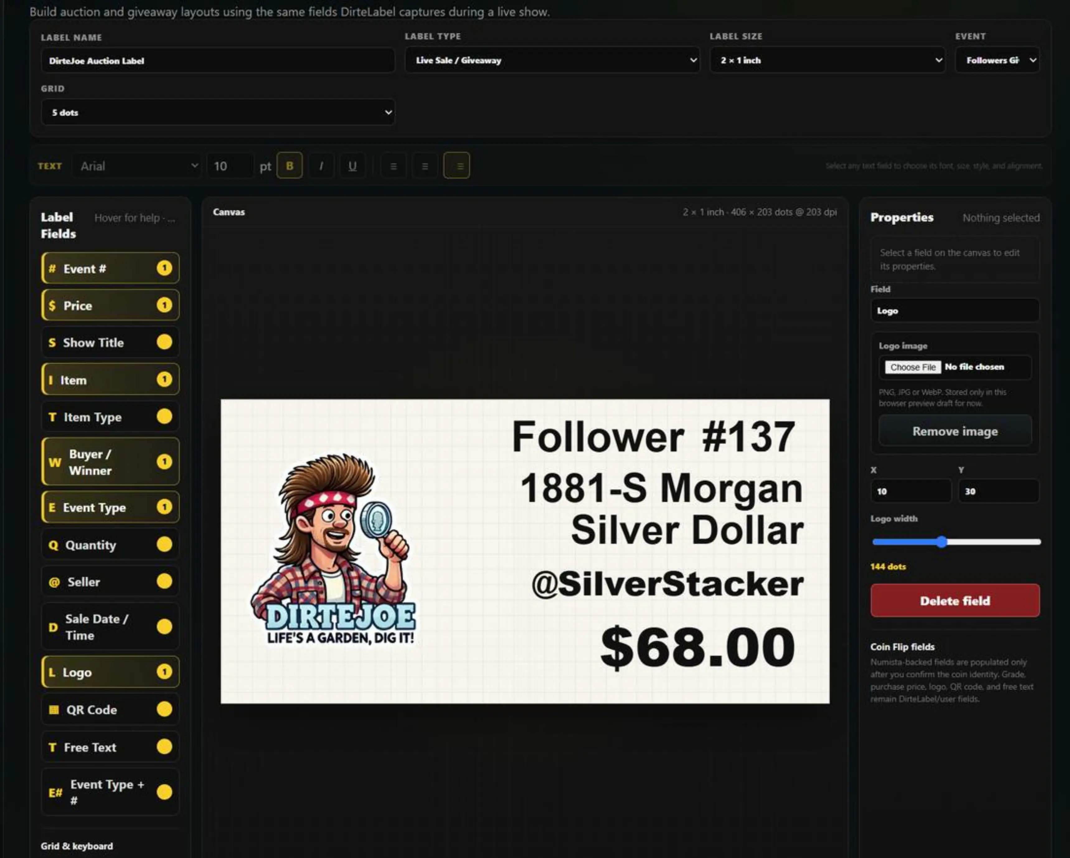 Actual DirteLabel Label Designer screen