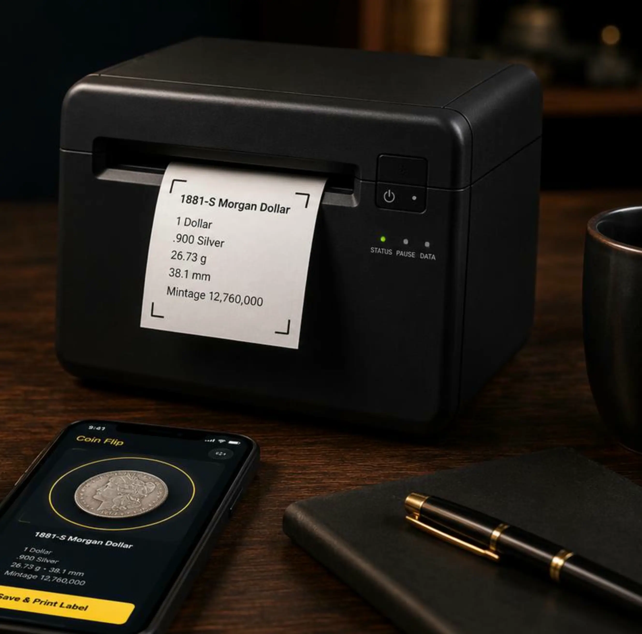 Desktop thermal label printer printing a DirteLabel label