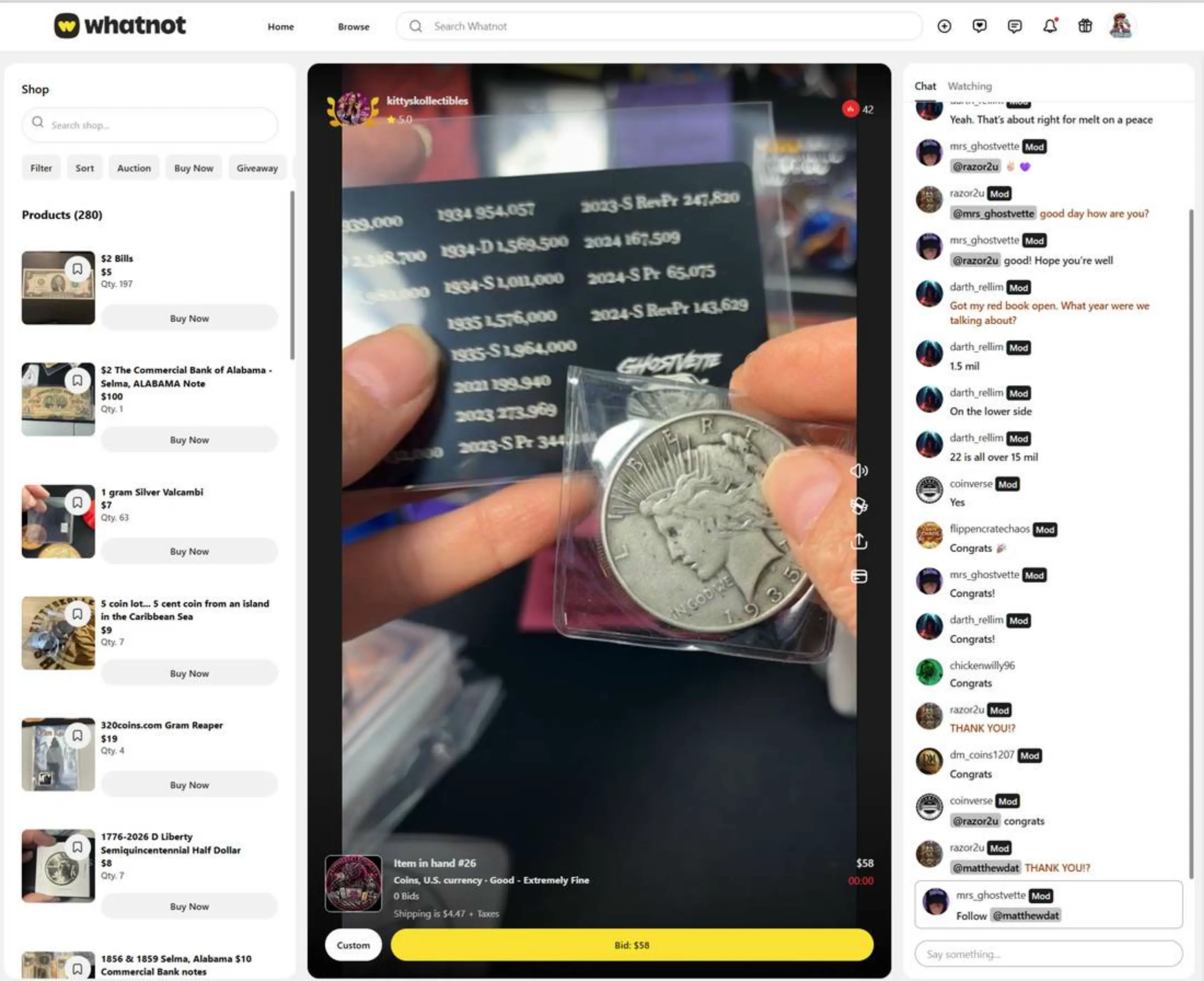 Example Whatnot live auction screen